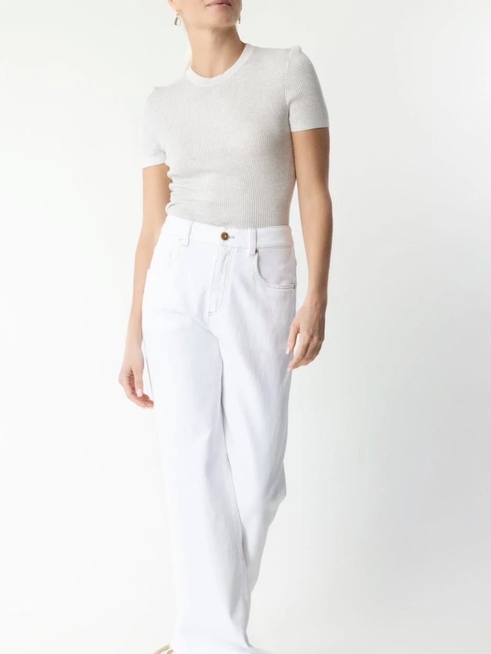 NWT TWP Tease White Heather Grey Ribbed Short Sleeve Sweater Size Medium